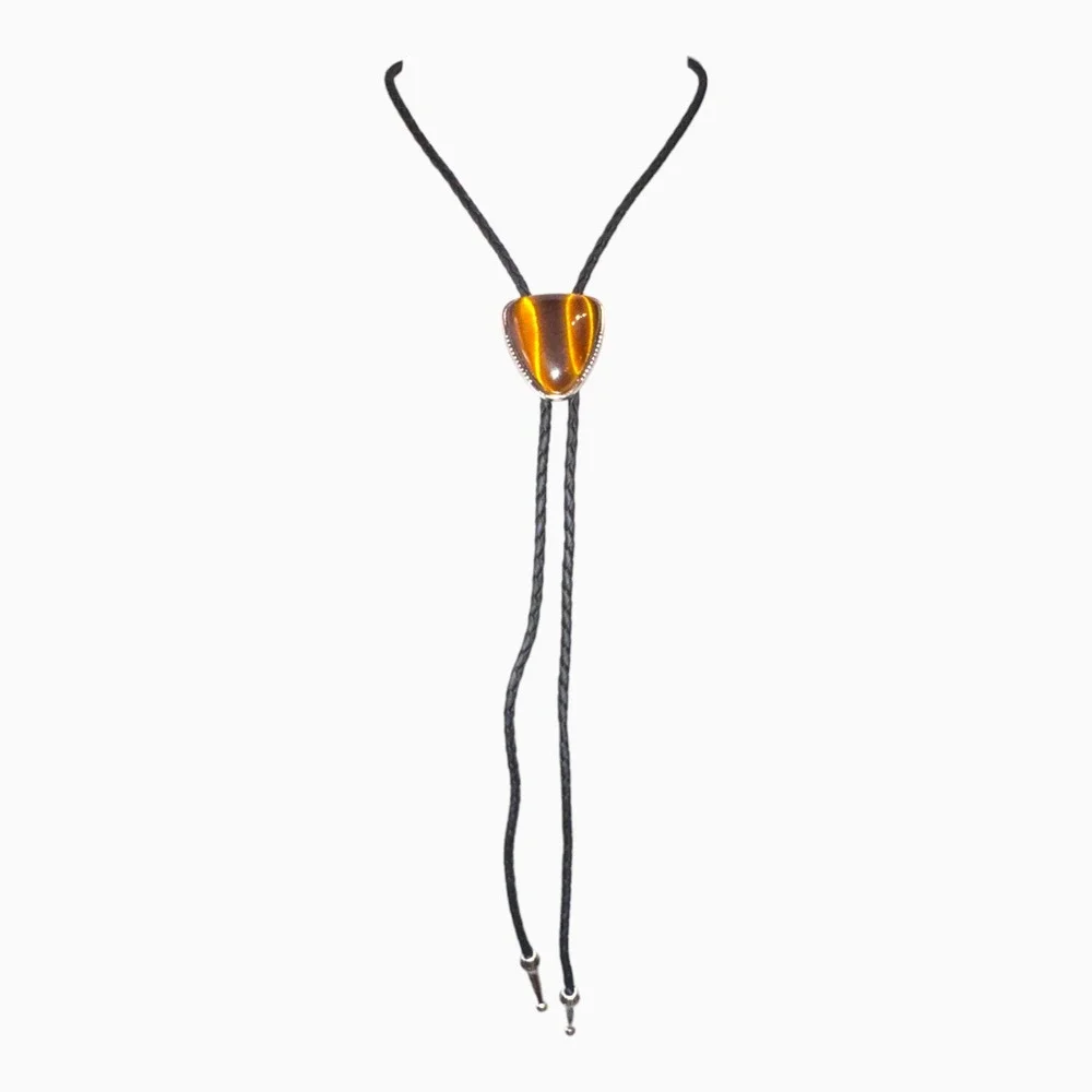 New Tiger's Eye Triangle Stone Braided Black Cord Bolo Tie Western Festival
